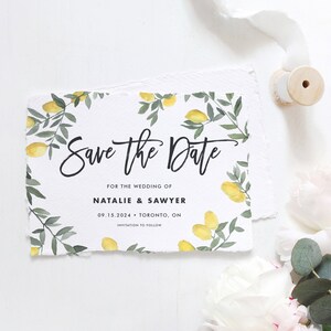 Afdrukbare Boho citroenkrans Save the Date-sjabloon - 5x7 DIY Boho aquarel citroen zomer Save the Date Card - bewerkbare Save the Date BLW1