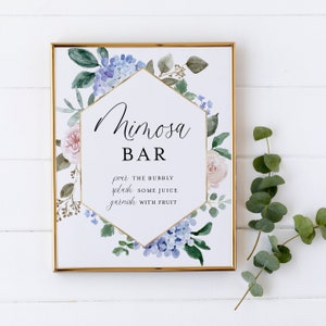Blue Flowers Mimosa Bar Sign - Printable Hydrangeas & Roses Floral Gold Foil Frame Wedding Shower Mimosa Bar Sign - Instant Download BHR5