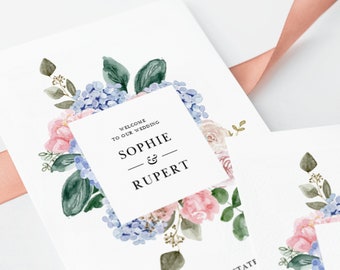 Blue Floral Wedding Program Booklet Template - Printable Blue Hydrangeas and Pink Roses Wedding Ceremony Booklet - DIY Editable BHR5