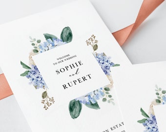 Hydrangea Wedding Programs Booklet Template - Printable Watercolor Blue Hydrangeas & Ivory Roses Ceremony Booklet - Editable, Templett BH12