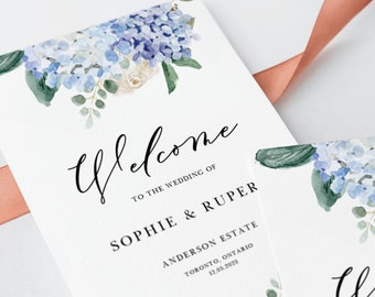 Printable Hydrangea Wedding Program Booklet Template - Blue Hydrangeas & Ivory Roses Wedding Ceremony Booklet - Editable, Templett BH12