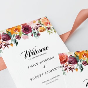 Fall Floral Wedding Program Booklet Template - Printable Watercolor Autumn Blooms Garland Ceremony Booklet - DIY Editable Programs AB41