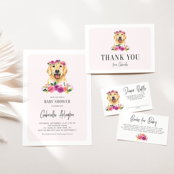 Printable Dog Baby Shower Bundle Templates - DIY Golden Retriever Baby Shower Invitation, Diaper Raffle Game, Book Request, Thank You Card