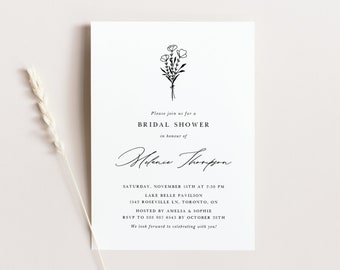 May include: A black and white bridal shower invitation with a simple floral illustration. The invitation includes the text "Please join us for a Bridal Shower in honour of [Name]" and details about the event, including the date, time, location, and RSVP information.