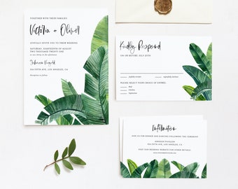 Tropical Wedding Invitation Set Template - Watercolor Banana Palm Leaves Summer Invite, RSVP & Enclosure - Printable Wedding Suite WBL32