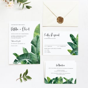 Druckbares tropisches Hochzeitseinladungs Set Vorlage - DIY Aquarell Bananen Blätter Sommer Invite, Antwortkarte und Details Karte - Wedding Set WBL32