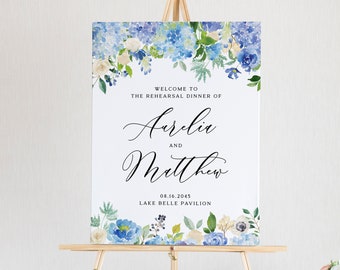 Printable Floral Rehearsal Dinner Welcome Sign Template, Watercolor Blue Hydrangeas & Ivory Roses Rehearsal Dinner Sign, Editable Sign #024