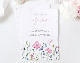 Pretty Floral Bridal Shower Invitation Template - Printable Pink Watercolor Delicate Flowers Bridal Luncheon Invite - DIY Editable DF18