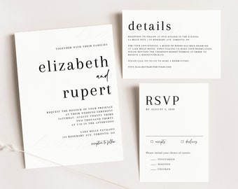 Printable Minimalist Wedding Invitation Set Template, Simple Serif Wedding Invite, RSVP, Details Card - Editable Modern Wedding Suite SR14