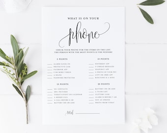 Tarjeta de juego "¿Qué hay en tu teléfono?" - Tarjeta de juego imprimible de Sophie para despedida de soltera o baby shower - Descarga instantánea