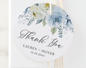 Printable Blue Floral Wedding Thank You Tags Template, Blue & Ivory Roses Wedding Envelope Seal Sticker, Editable Circle and Square Tag IB12