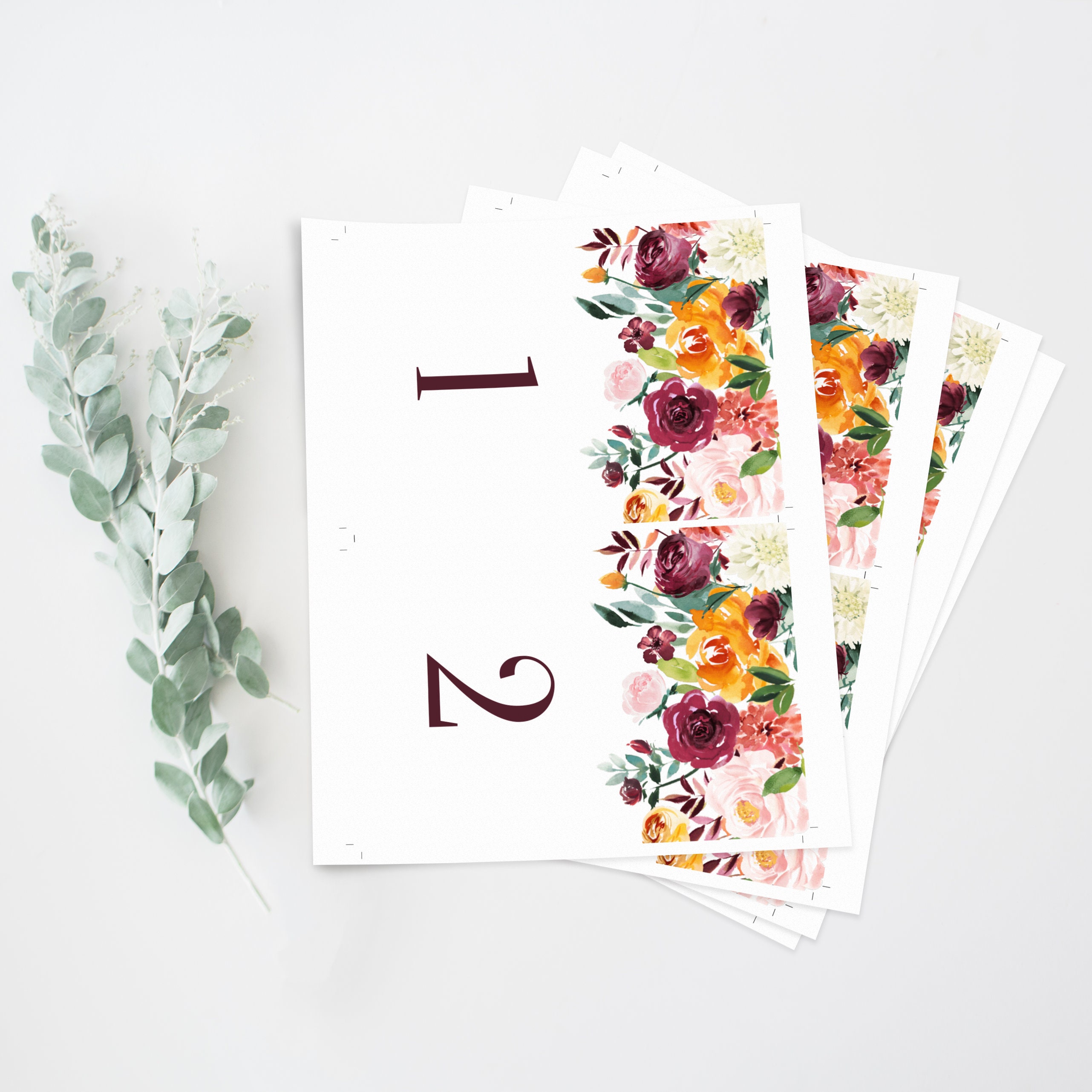 Fall Table Numbers 1 to 20 - Printable Watercolor Autumn Blooms Floral ...
