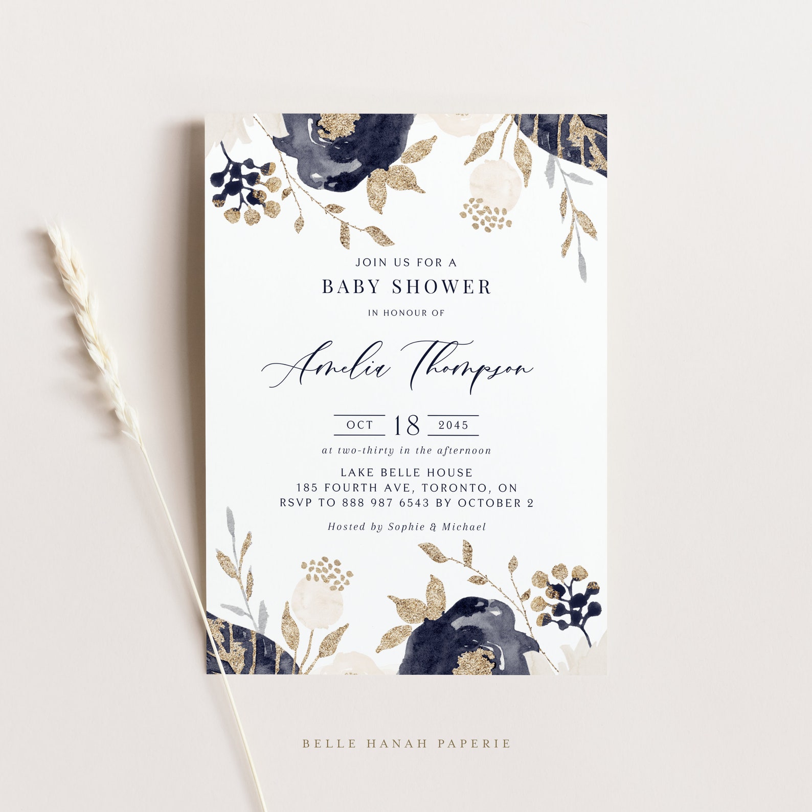 Printable Floral Baby Shower Invitation Template DIY Navy | Etsy