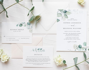 Printable Greenery Wedding Suite Template - DIY Watercolor Eucalyptus Wedding Invitation, RSVP, Details Card - Editable Wedding Set - AE25