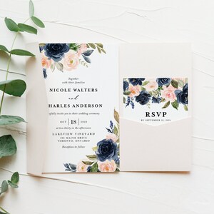 Blush and Navy Wedding Invitation Set Template - Printable Watercolor Blush & Navy Blue Flowers Invite RSVP Wedding Suite - Editable BN18