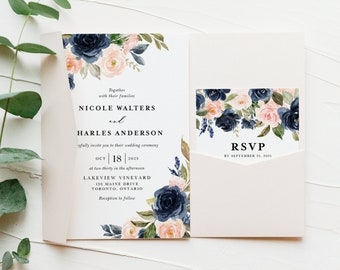 Blush en Navy bruiloft uitnodiging instellen sjabloon - afdrukbare aquarel Blush & marineblauwe bloemen uitnodigen RSVP Wedding Suite - bewerkbare BN18