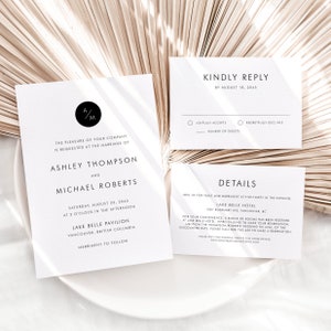 Afdrukbare eenvoudige monogram bruiloft uitnodiging instellen sjabloon - DIY minimalistische bruiloft uitnodigen, RSVP en Details kaarten - bewerkbare bruiloft MT76