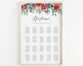 Printable Poinsettia Wedding Seating Chart Template - 24x36 Watercolor Christmas Flowers Seating Plan - Festive Christmas Flowers Wedding