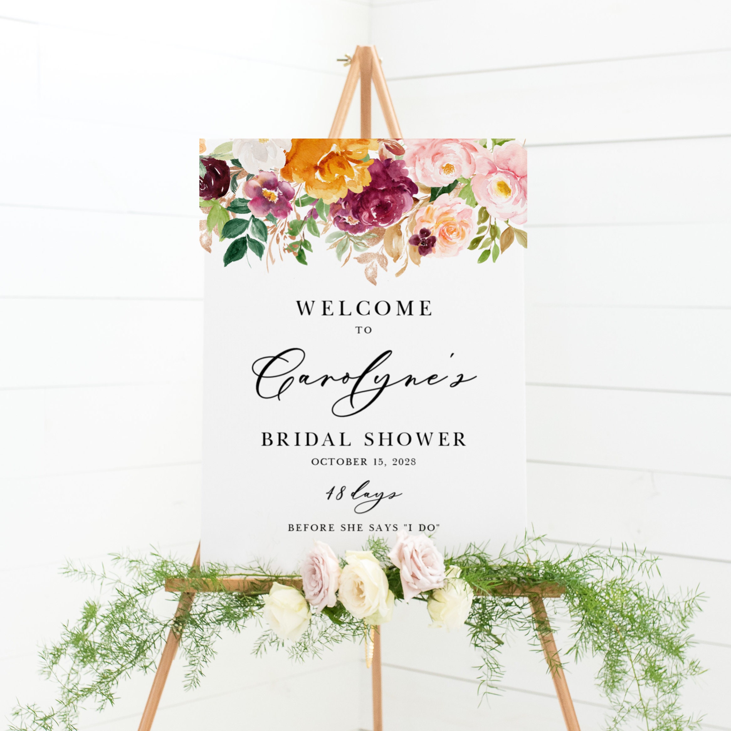 Rose Gold Fall Floral Bridal Shower Welcome Sign Template 18x24 Printable Boho Watercolor Floral Garland Autumn Bridal Brunch