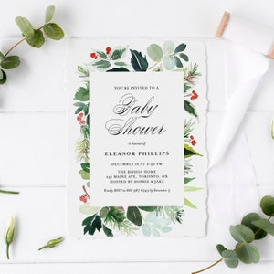 Peut inclure: Une invitation de f&ecirc;te pr&eacute;natale aquarelle avec une bordure florale verte et blanche. Le texte indique "Vous &ecirc;tes invit&eacute; &agrave; un Baby Shower en l'honneur d'Eleanor Phillips, le 18 d&eacute;cembre &agrave; 14h30, The Bishop Home, 241 Maine Ave, Toronto, ON, Organis&eacute; par Sophie & Jake. Veuillez confirmer votre pr&eacute;sence au 888 987 6543 avant le 5 d&eacute;cembre."
