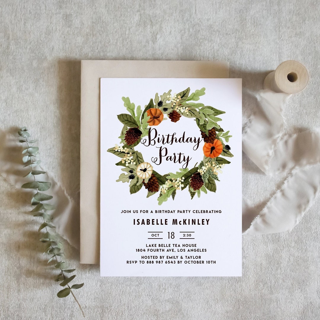 Printable Autumn Wreath Birthday Party Invitation Template - DIY ...