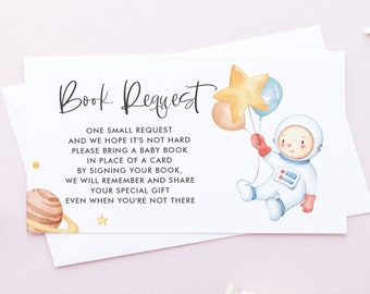 Little Astronaut Book Request Card - Printable Watercolor Astronaut Space Theme Baby Shower Bring a Book Card Insert - Instant Download BA15