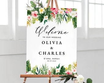 Printable Tropical Wedding Welcome Sign Template, 18x24 Watercolor Tropical Flowers & Greenery Wedding Sign, Summer Wedding Luau Poster #010