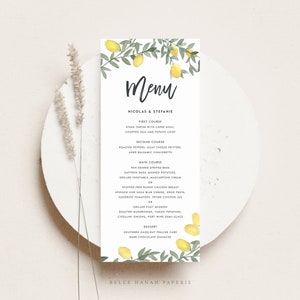 Modèle de carte de menu de citron Boho imprimable - DIY 4x9 Carte de menu de mariage de douche d’été de guirlande de citron d’aquarelle rustique - Carte de menu modifiable BLW1