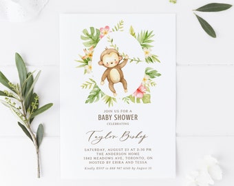 Printable Kids Birthday Invitation - Editable Safari Birthday Invitation - Tropical Watercolor Baby Monkey Template - Instant Download