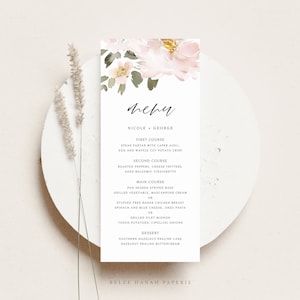 Plantilla de tarjeta de menú de boda floral rubor imprimible - Tarjeta de menú de boda de flores rosas rubor acuarela 4x9 - Tarjeta de menú botánico editable BF87