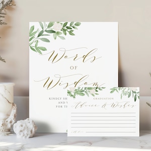 Druckbares Schild und Schild mit den Worten der Weisheit zum Abschluss – Weiße Blumen und Grün, Abschlussratschlagkarte und Schild – Sofortiger Download GWF23
