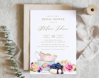 Botanical Bridal Shower Tea Invitation Template | Printable Watercolor Floral Tea Party Invite | Cottagecore Bridal Tea Invitation VTP8