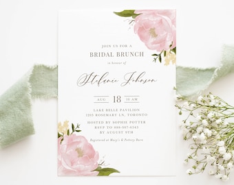 Printable Blush Floral Bridal Shower Template - DIY Watercolor Blush Pink Peony Garden Rose Bridal Luncheon Evite - Editable Invitation WP65