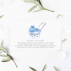 Imprimable livre demande bébé douche carte - aquarelle bleu vintage bébé poussette apporter une carte de livre - livres pour bébé - téléchargement immédiat VBC2