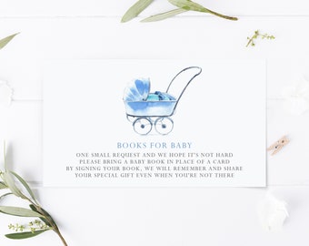 Printable Book Request Baby Shower Card - Watercolor Blue Vintage Baby Stroller Bring a Book Card - Books for Baby - Instant Download VBC2