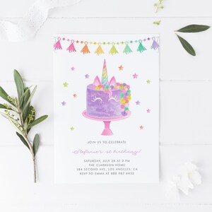 Printable Unicorn Birthday Invitation Template - DIY Purple Rainbow Unicorn Cake Birthday Party Evite - Editable Magical Birthday Invite