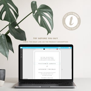 May include: A laptop computer displaying a wedding invitation template on the screen. The invitation is for Victoria Grace and Andrew Thomas. The text "Try Before You Buy" is displayed above the laptop. The text "Edit with Templett Editable Template" is displayed in a circle on the right side of the image.