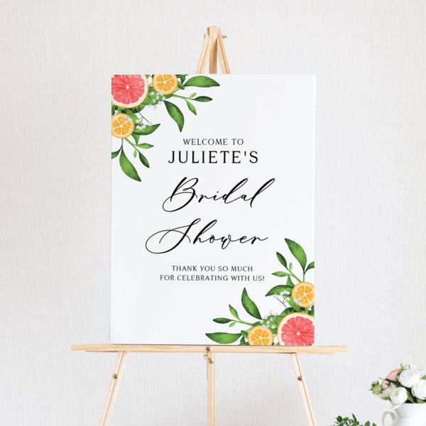 Summer Bridal Shower Welcome Sign Template - Printable Watercolour Grapefruits and Oranges Borders Bridal Brunch Poster - DIY, Editable #013