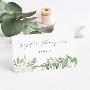 DIY Greenery Wedding Place Cards Template, Printable Watercolor Greenery and White Flowers Wedding Escort Cards, Editable Place Cards GWF23