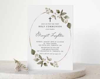 May include: A white invitation card with a gold oval frame, a cross, and floral accents. The text reads "Join us for the First Holy Communion of our daughter Margot Leighton." Additional details include the date, time, and location.