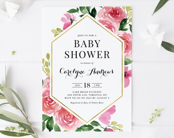 Printable Pink Floral Baby Shower Invitation Template, Watercolor Pink Roses Gold Frame It's a Girl Baby Brunch Invite, Editable Invite PR65