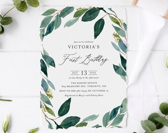 Rustic Greenery First Birthday Party Invitation Template - Watercolor Eucalyptus Wreath Birthday Party Invite - DIY Printable Editable REW18