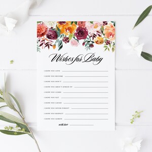 Druckbare Herbst Blumen Wünsche für Baby Karte - Aquarell Herbst Blüten Baby Shower Einsatz - Herbst Dusche Aktivität - Sofort Download AB41