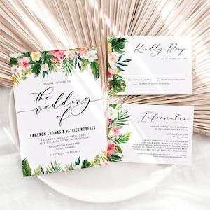 Plantilla imprimible para invitación de boda tropical: invitación de boda de verano con flores y vegetación tropical, RSVP, tarjetas de detalles - Suite nupcial n.° 010