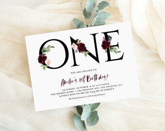 Printable Autumn First Birthday Invitation Template - Watercolor Burgundy and Blue Flowers 1st Birthday Invitation - First Birthday Invite