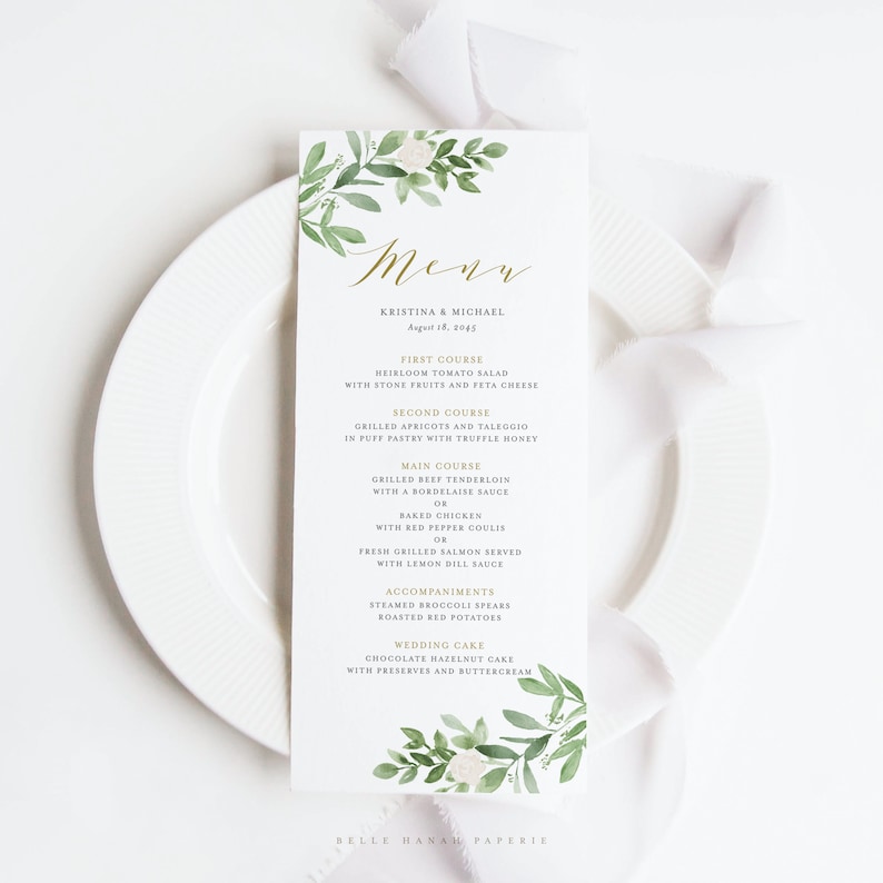 Printable Greenery Wedding Menu Card Template DIY 4x9 Watercolor Greenery and White Flowers Shower Menu Card Editable Menu Card GWF23 image 2