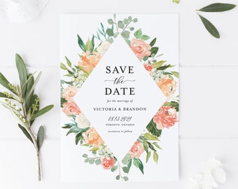 Printable Floral Save the Date Template - DIY Watercolor Peach & Ivory Roses Frame Wedding Date Announcement - Editable Save the Date PIR51