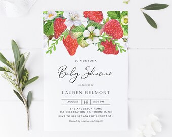 May include: A baby shower invitation with a watercolor illustration of strawberries and flowers. The text reads "Join us for a Baby Shower in honor of Lauren Belmont, August 18, 2:30 PM, The Anderson Home, 158 Celebration St, Toronto, ON, RSVP to 888 987 6543 by August 5th, Hosted by Andrea and Sophie, Belle Hanah Paperie."