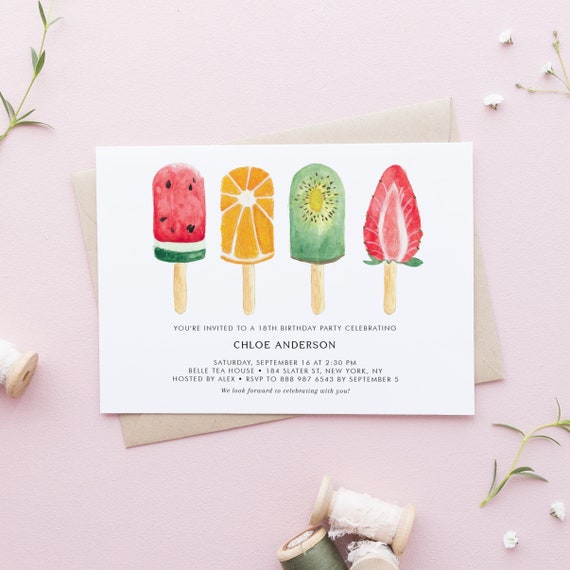 Printable Summer Birthday Party Invitation Template - Watercolor Fruit Popsicles Birthday Party Invite - DIY, Editable, Templett WFP78