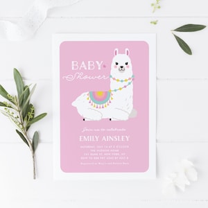 Printable Baby Shower Invitation - Editable It&#39;s a Girl Llama Invitation - Pink Cute Llama with Colorful Pompoms Template - Instant Download